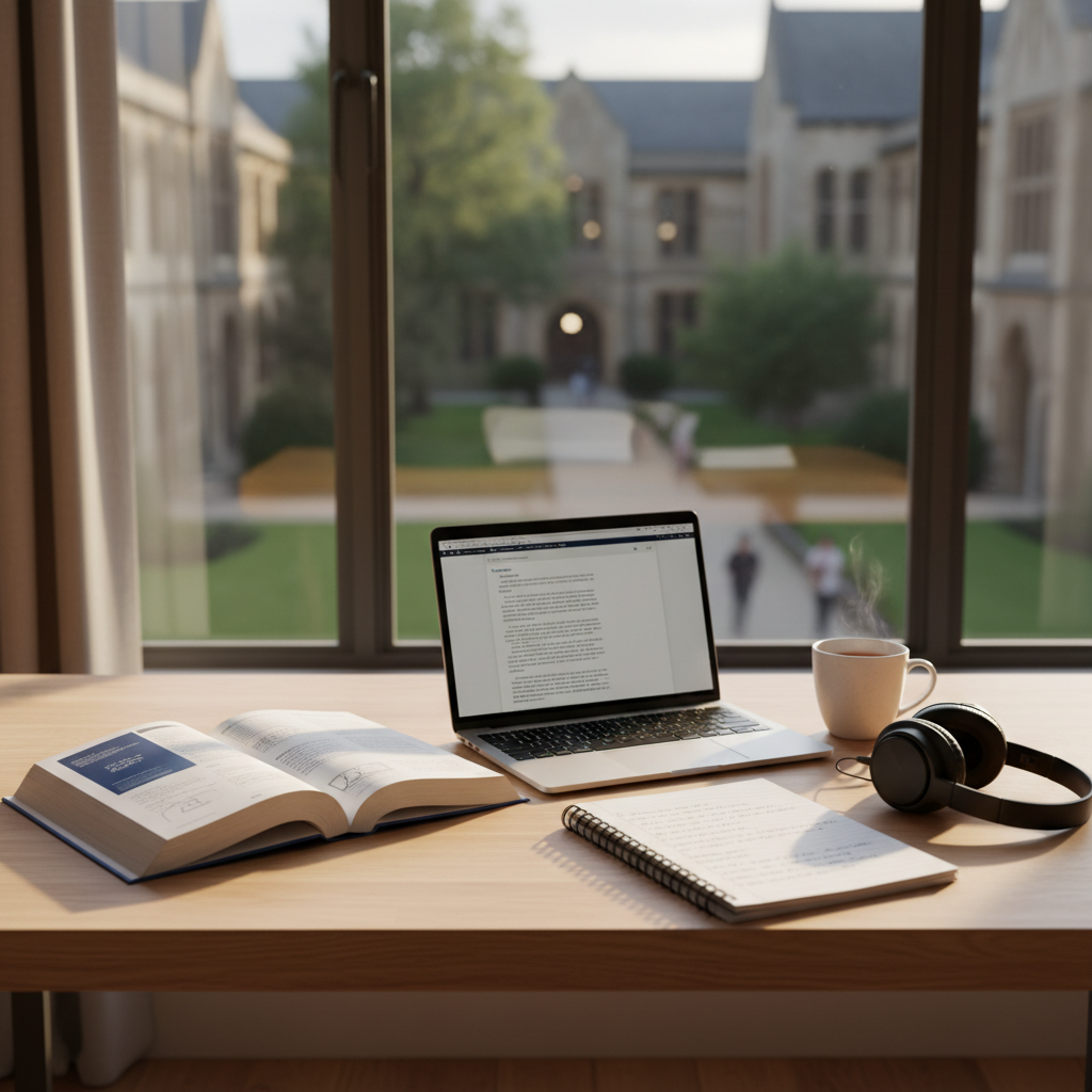A spacious, modern study desk made of light oak wood, its surface neatly arranged with an open hardcover textbook, a sleek silver laptop, and a lined notebook filled with tidy, handwritten notes partially visible. A pair of noise-cancelling over-ear headphones rests beside a smooth ceramic mug of tea. The desk is positioned near a large window overlooking a softly blurred campus courtyard. Late afternoon natural light pours in, creating gentle highlights on the wood grain and soft shadows from the objects. Photographic realism, shot at eye level with a shallow depth of field, keeps the study materials in sharp focus while the background quietly fades, evoking a professional, focused atmosphere ideal for an education blog homepage.